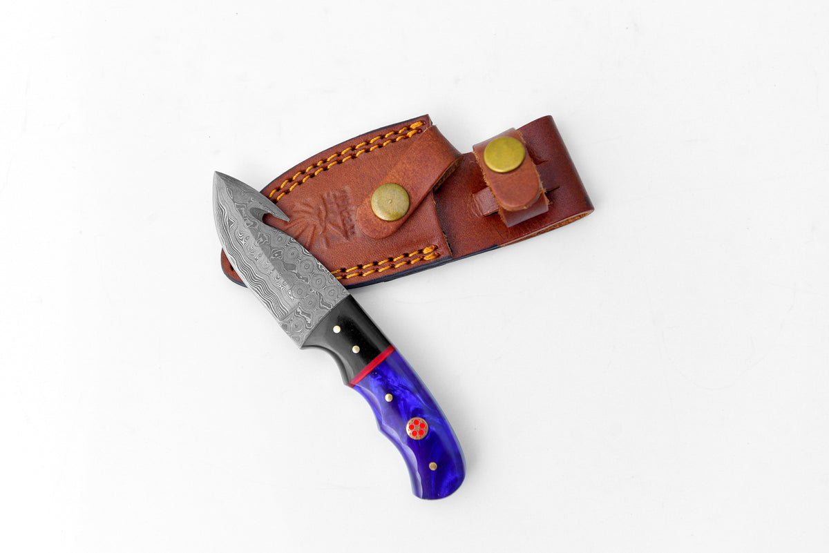 Titan Midnight Talon TK-222 knife with Damascus blade and brown leather sheath on Tampa Home & Garden Store