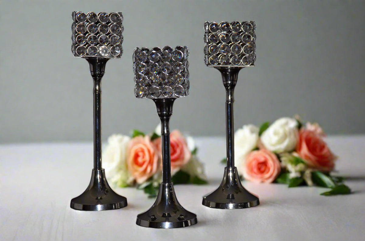 Vibhsa crystal hurricane candle holders set of 3 in silver nickel crystal cube tops 10/11/12 in on Tampa Home & Garden Store