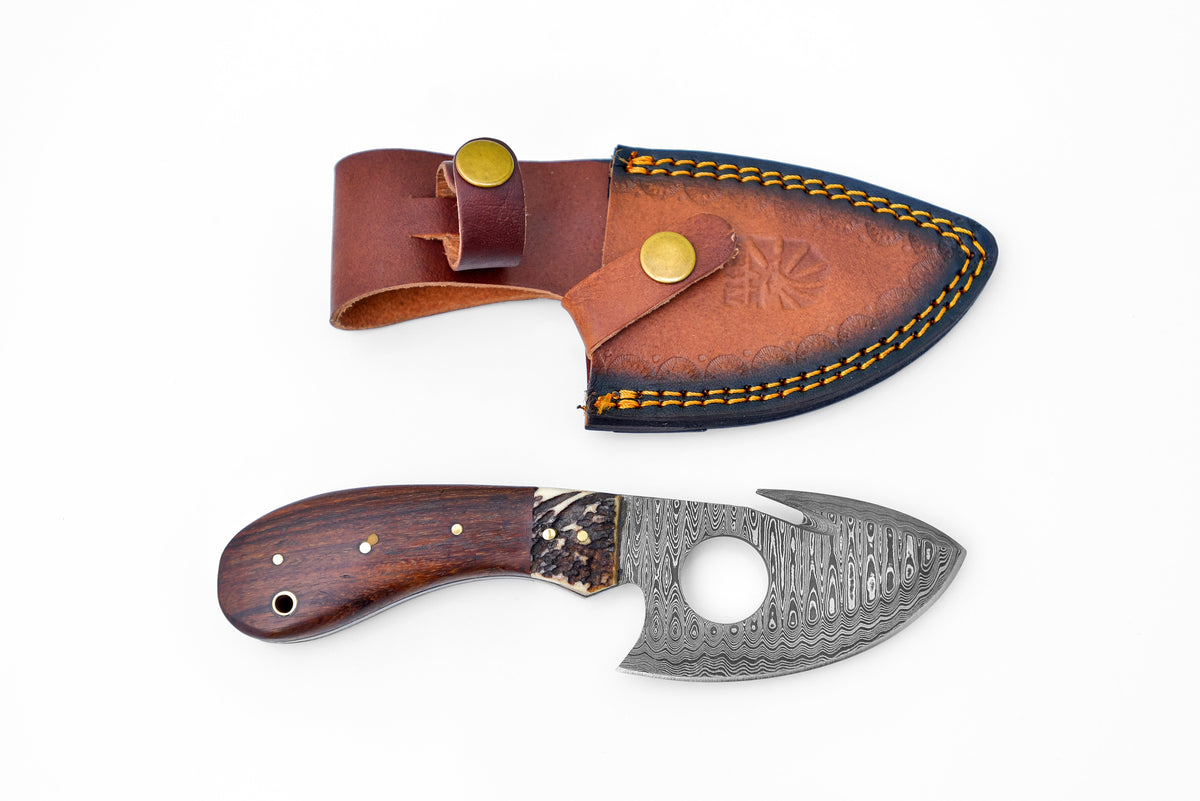 TD-006 Titan K fixed-blade knife with Damascus blade and wooden handle in brown leather sheath on Tampa Home & Garden Store