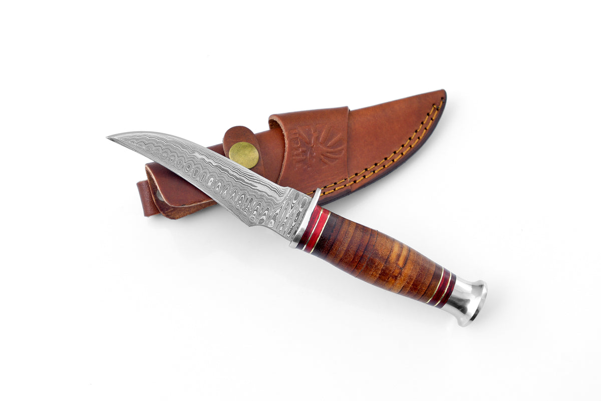 Titan Warden Damascus steel hunting knife with stacked leather handle and brown sheath TK-117 on Tampa Home & Garden Store