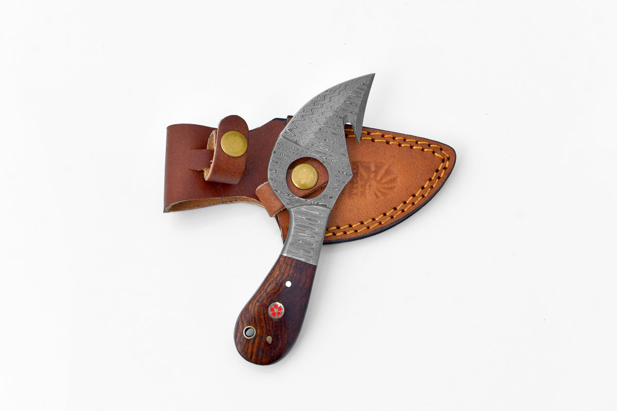 Damascus skinner knife with gut hook, forged by Titan TD-201X, wood handle, leather sheath on Tampa Home & Garden Store