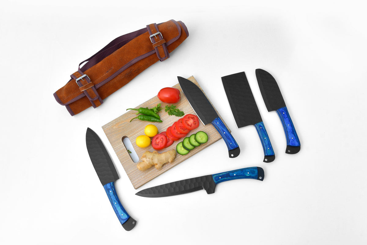 5-piece Damascus steel knife set with blue handles and leather bag Titan International K on Tampa Home & Garden Store