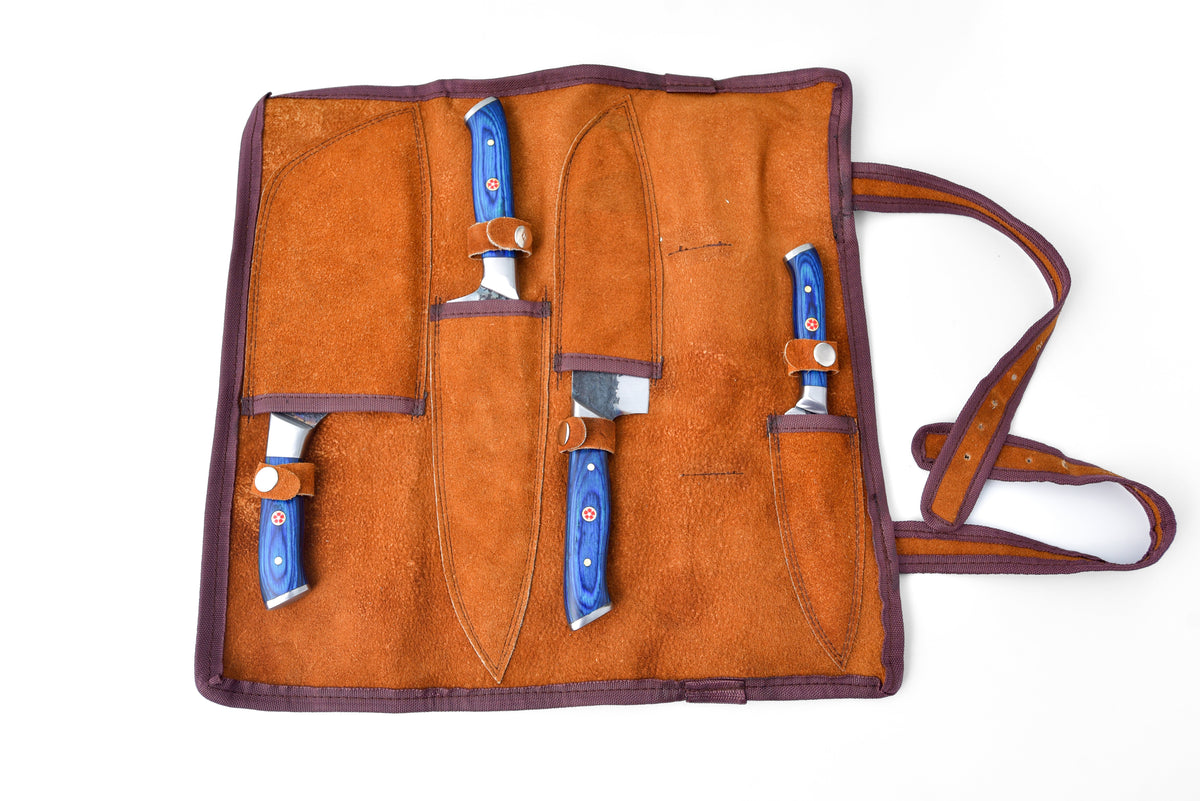 Titan Forge Culinary Mastery Set two utility knives with blue handles in leather roll case on Tampa Home & Garden Store
