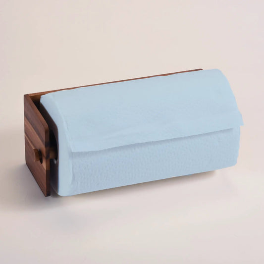 Kalmar Home Acacia Wood Paper Towel Holder with light blue paper towel on Tampa Home & Garden Store