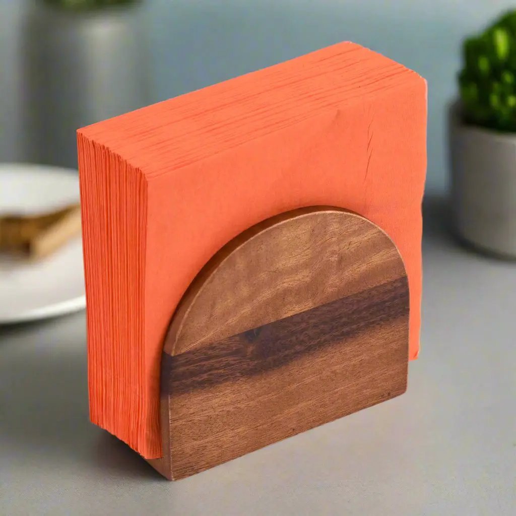 Vertical Napkin Holder in Acacia Wood with coral napkins Kalmar Home on Tampa Home & Garden Store
