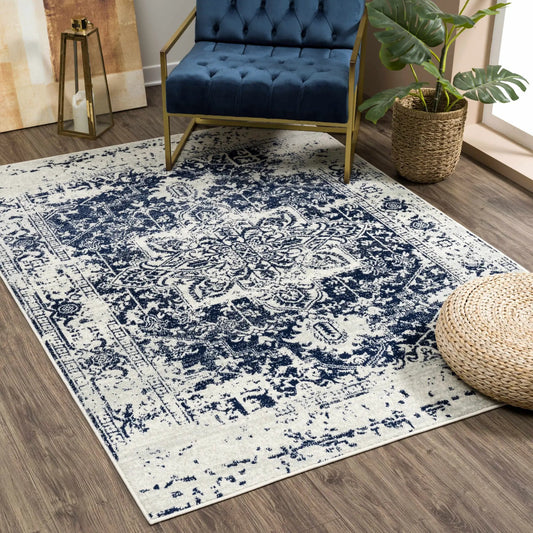 Rachel Navy Area Rug, machine woven in navy and ivory with ornate pattern by Boutique Rugs on Tampa Home & Garden Store