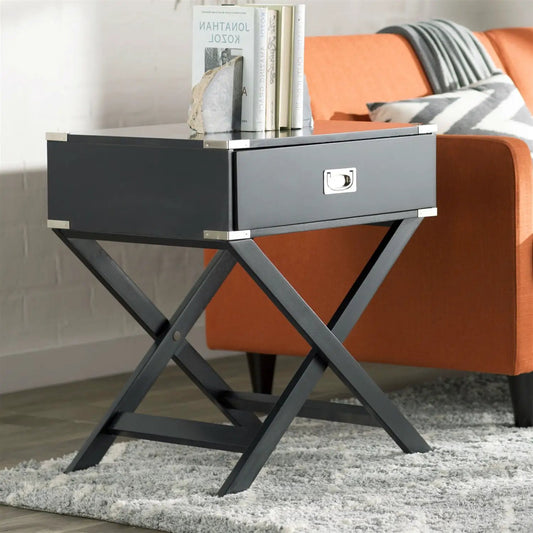 Dark grey end table with one drawer, X-style legs, silver corner caps, books on top on Tampa Home & Garden Store