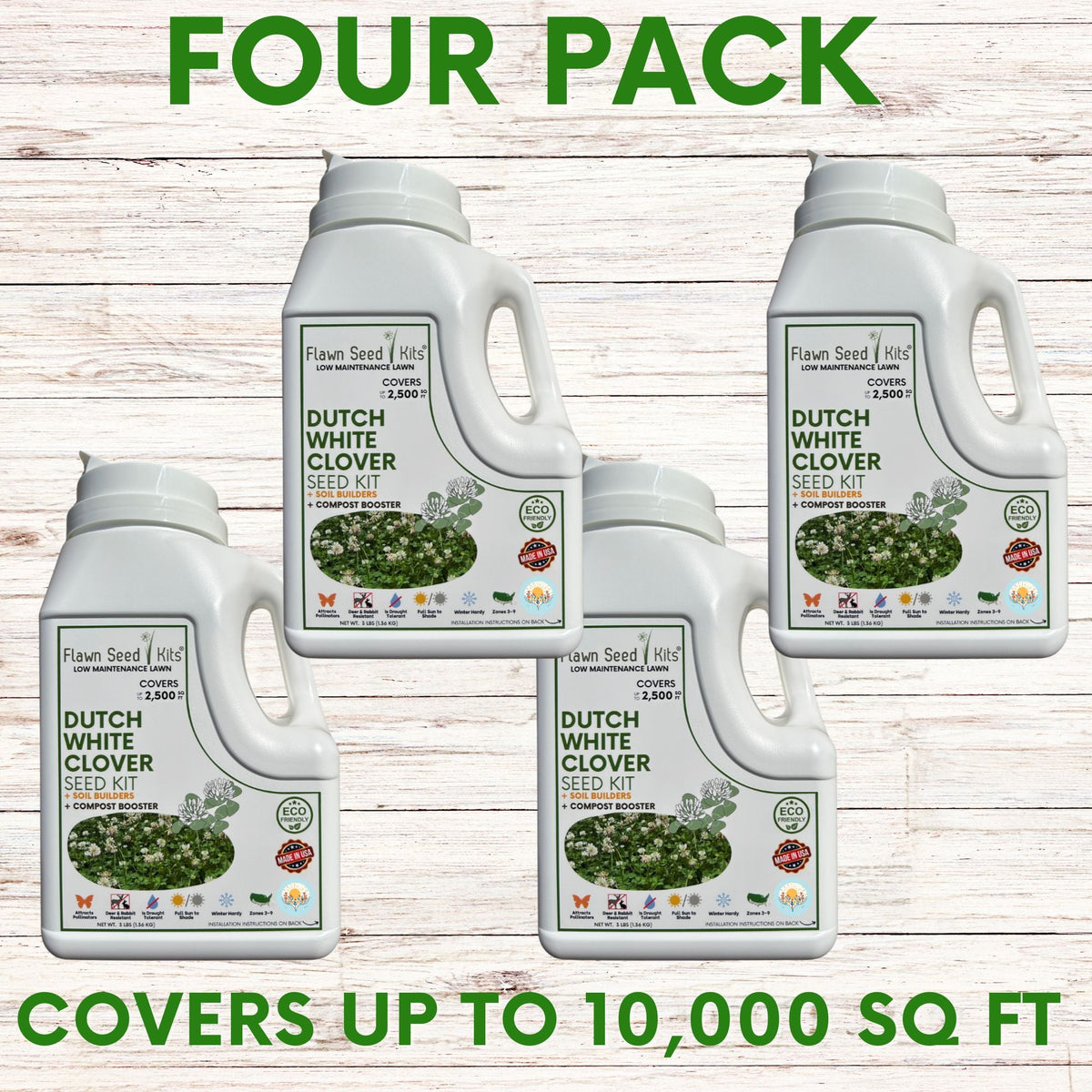 Four-pack Dutch White Clover Seed Kit by Flawn Seed Kits for lawn, covers up to 10,000 sq ft on Tampa Home & Garden Store
