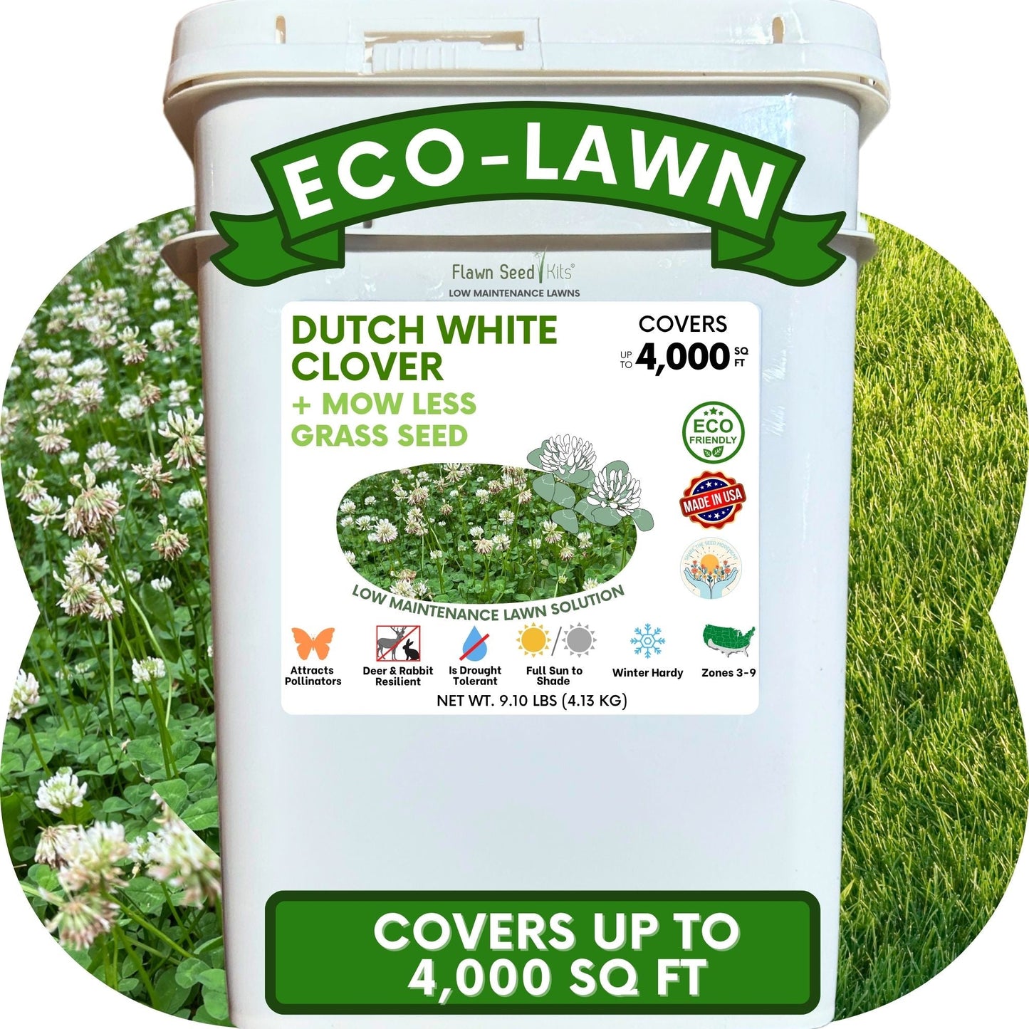Dutch White Clover + Mow Less Grass Seed in bucket with Eco-Lawn label Flawn Seed Kits on Tampa Home & Garden Store