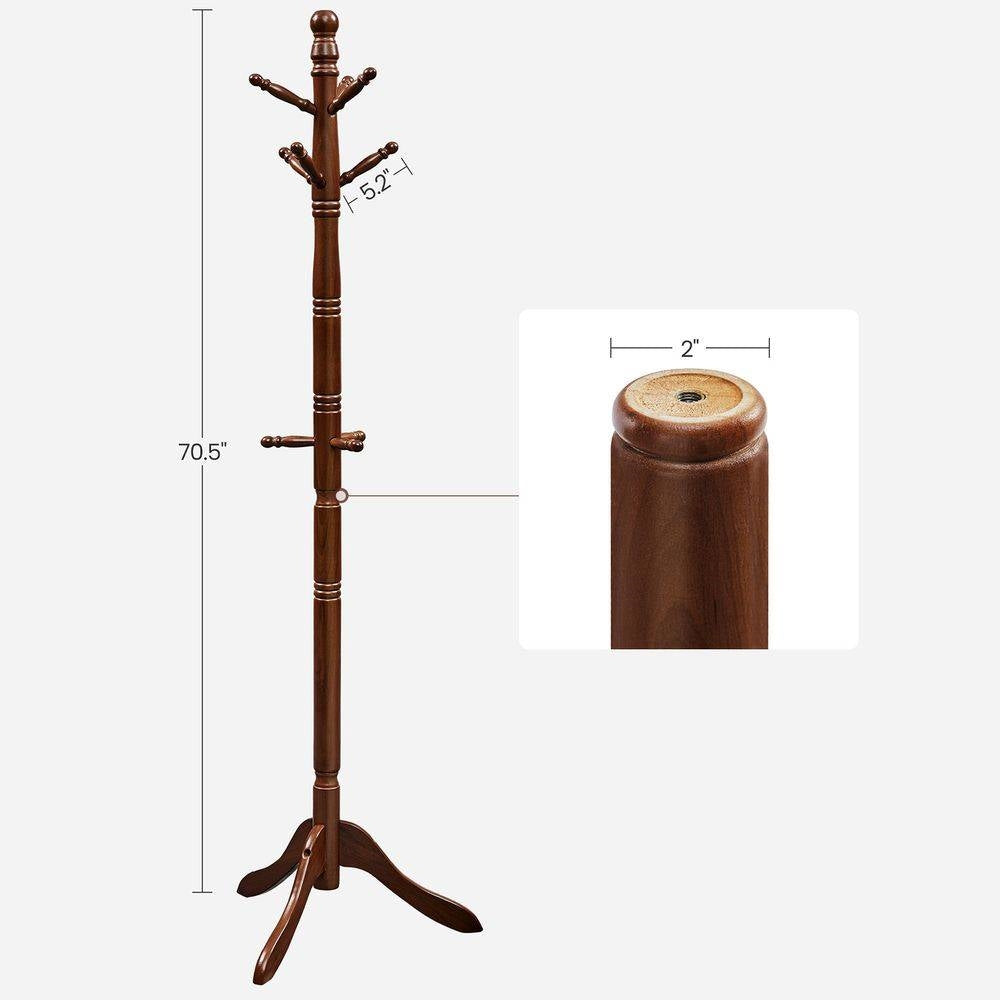 Perchero de pie de madera maciza regulable en altura con 10 ganchos, acabado marrón oscuro