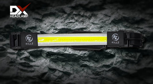 DX Headlamp Rechargeable 230° Beam black headlamp with yellow LED strip Killz on straps on Tampa Home & Garden Store
