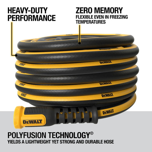 DeWalt 100 ft garden hose, 5/8 in pro grade, yellow and black coil with DeWalt branding on Tampa Home & Garden Store