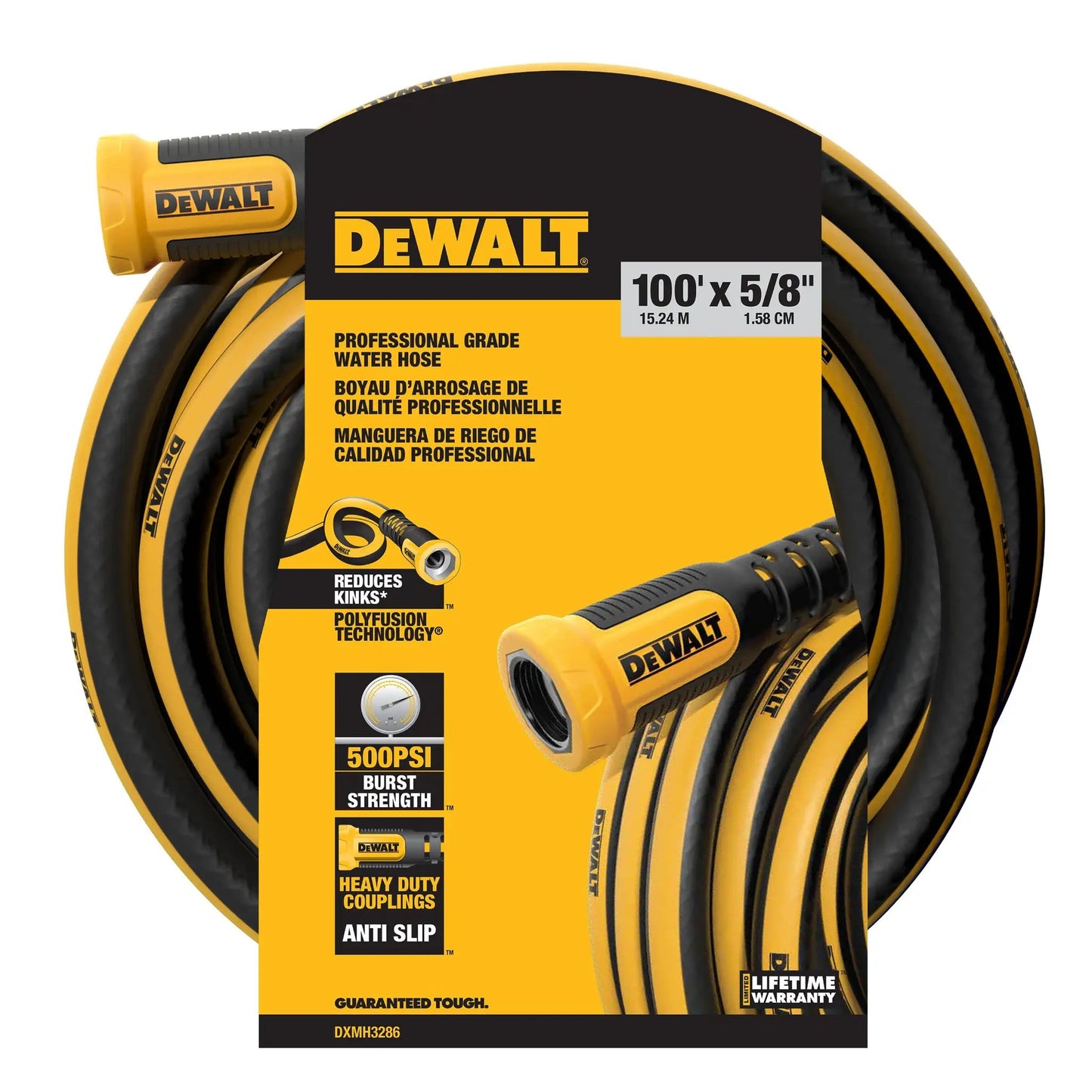 DEWALT 100 ft 5/8 in pro grade water hose on yellow packaging with bold DEWALT logo on Tampa Home & Garden Store