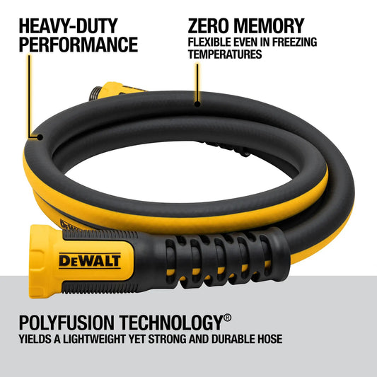 DeWalt 6ft polyfusion garden hose 5/8 in diameter, black and yellow with DeWalt connector on Tampa Home & Garden Store