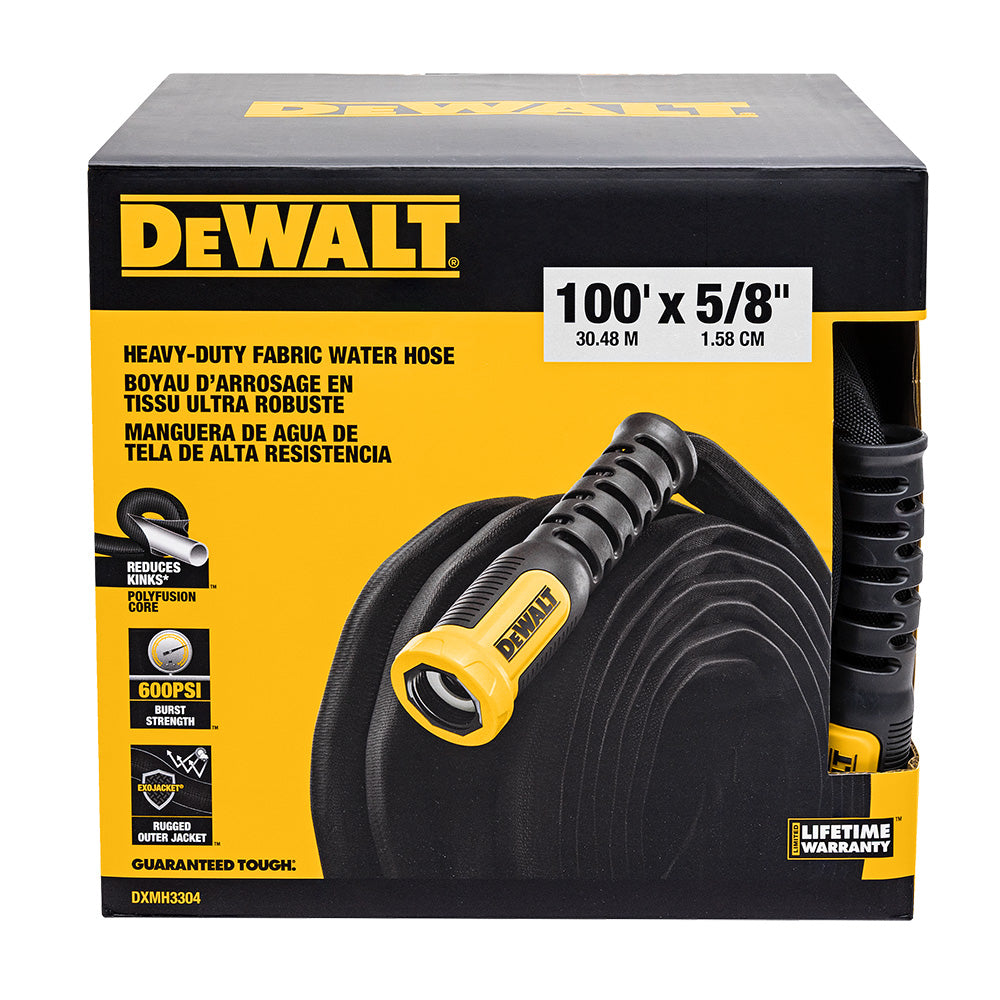 DeWalt heavy-duty fabric garden hose on yellow/black box with coiled hose and yellow nozzle on Tampa Home & Garden Store