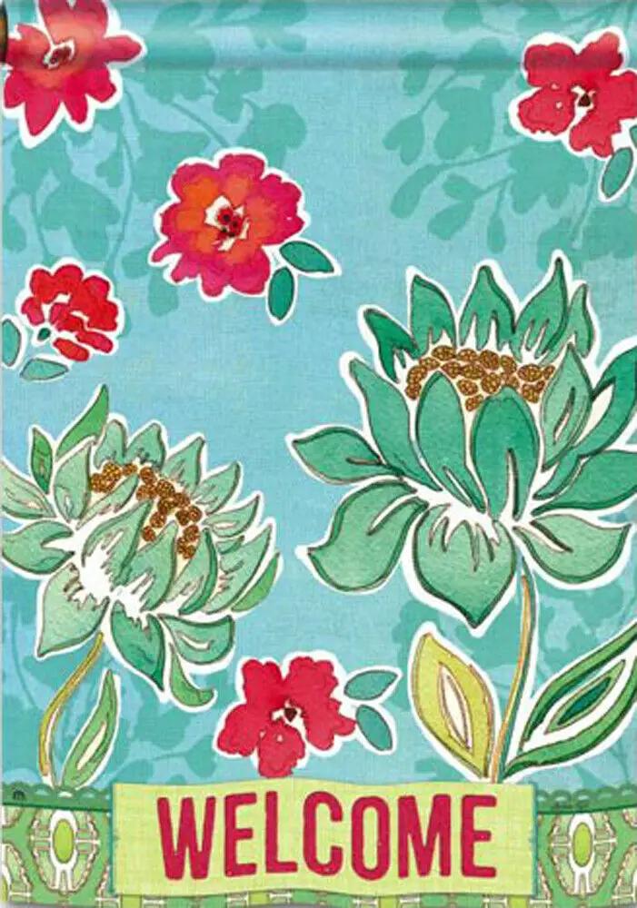 Dahlia Dance Garden Flag turquoise backdrop with green dahlias and red blooms welcome banner on Tampa Home & Garden Store