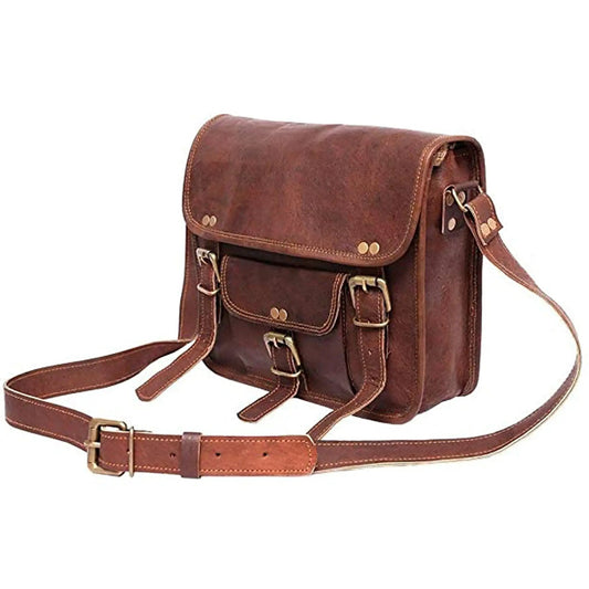 Daily Genuine Leather Sling Messenger Bag in brown with brass hardware and crossbody strap on Tampa Home & Garden Store