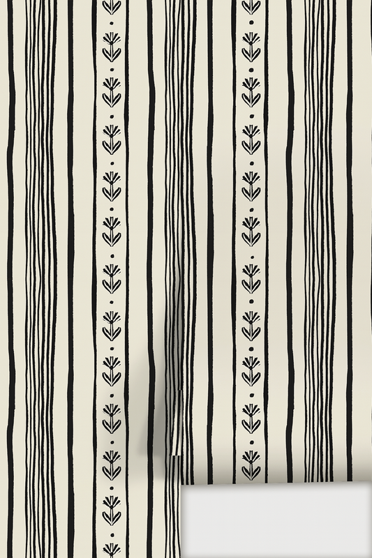 Daisy Chain Stripe Wallpaper, beige and black - Tampa Home & Garden Store