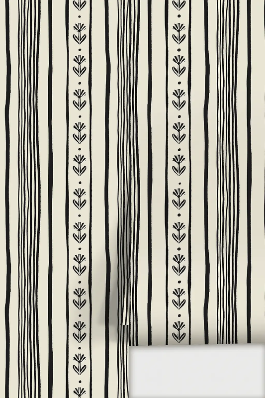 Daisy Chain Stripe Wallpaper beige and black stripes Samantha Santana Creative on Tampa Home & Garden Store