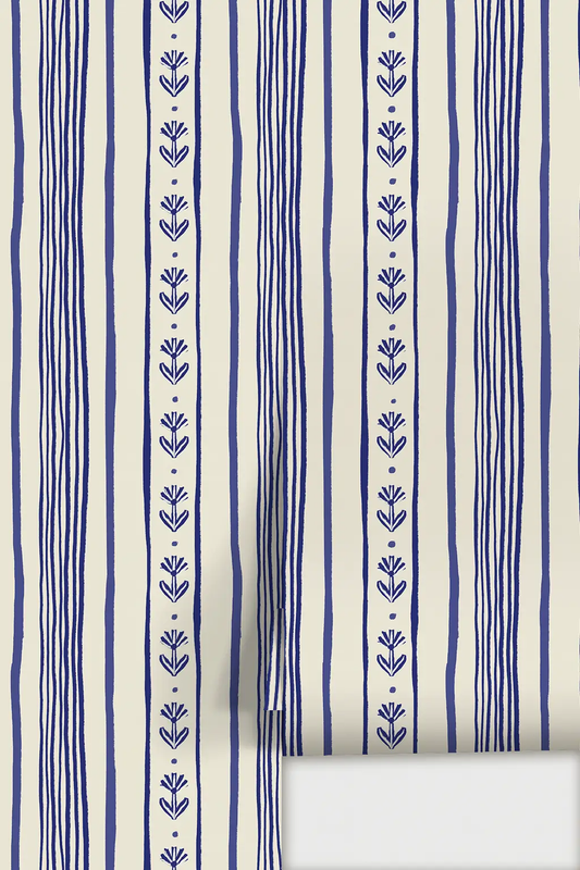Wallpaper Daisy Chain Stripe beige blue with vertical striped bands and small floral motifs on Tampa Home & Garden Store