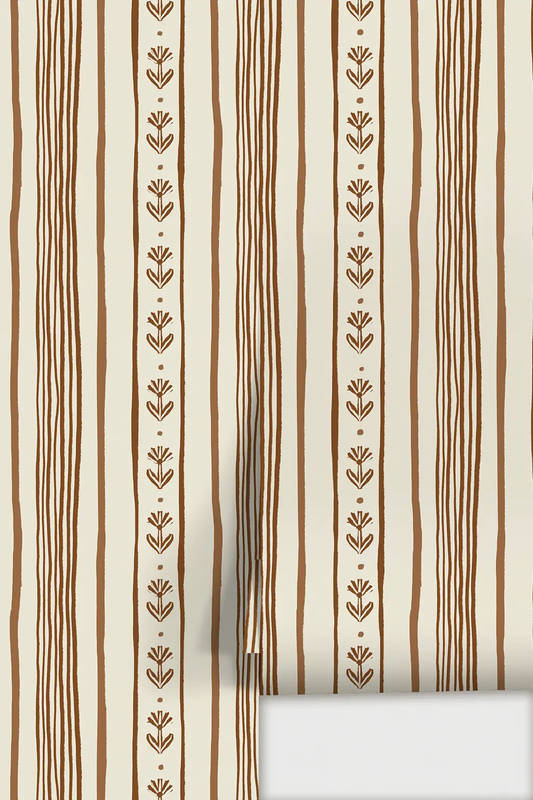 Daisy Chain Stripe Wallpaper in beige and brown with vertical floral chains on Tampa Home & Garden Store