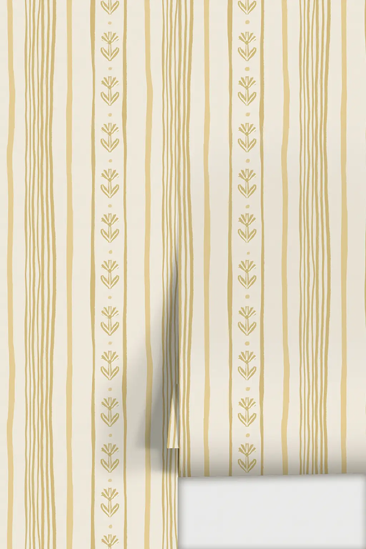 Daisy Chain Stripe Wallpaper in beige and butter yellow with vertical floral stripes on Tampa Home & Garden Store