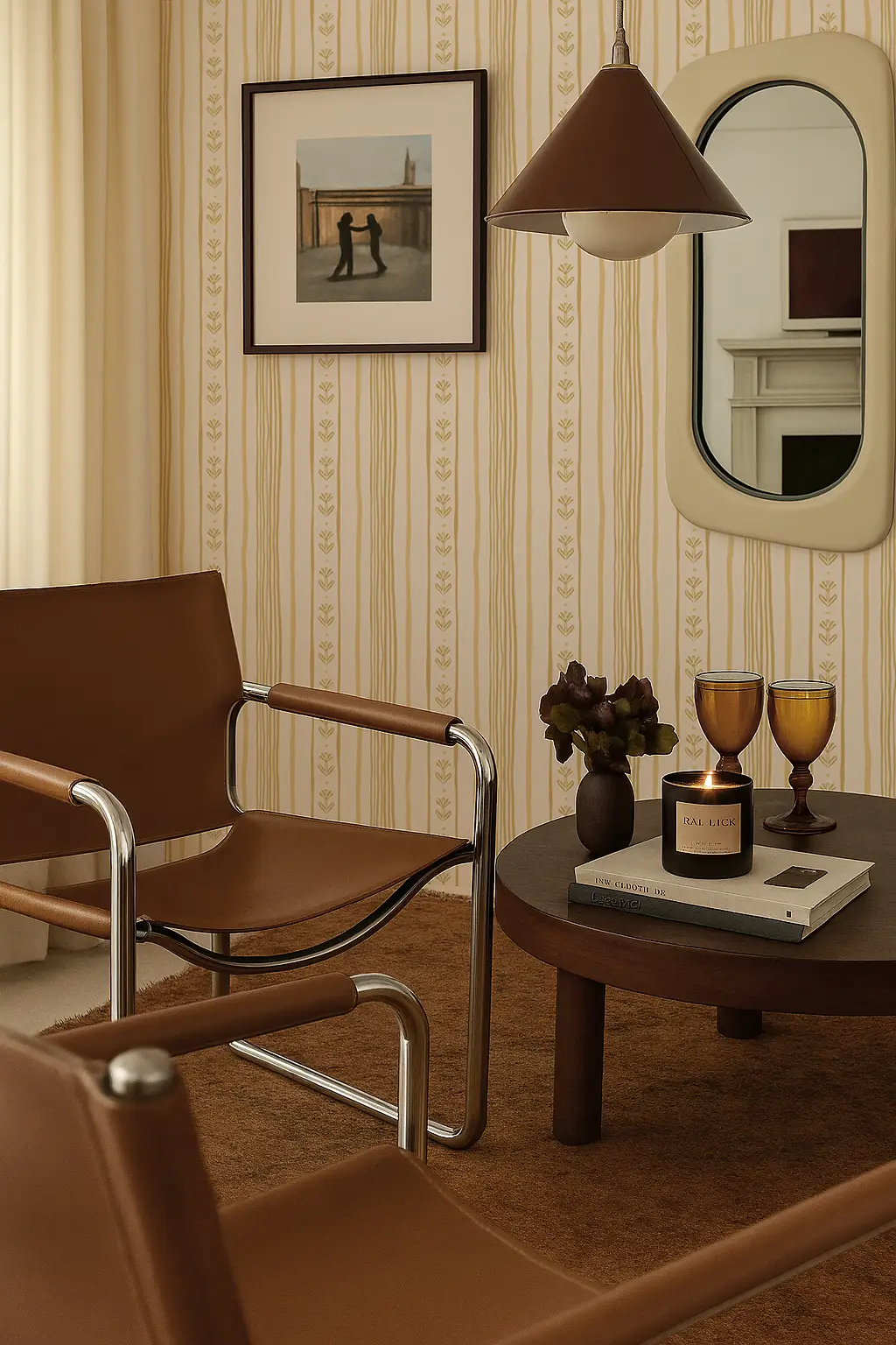 Daisy Chain Stripe Wallpaper beige and yellow with vertical stripes and leaf motif on Tampa Home & Garden Store