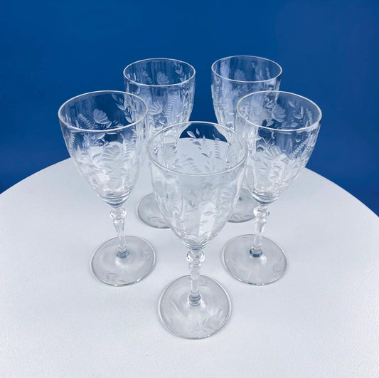 Daisy Motif wine goblets stemware set of 5 etched daisy crystal glasses on Tampa Home & Garden Store