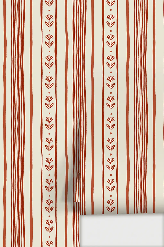 Wallpaper Daisy Chain Stripe beige and brick red by Samantha Santana Creative on Tampa Home & Garden Store