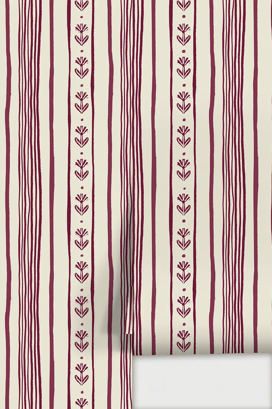 Wallpaper Daisy Chain Stripe beige eggplant with vertical motif by Samantha Santana Creative on Tampa Home & Garden Store