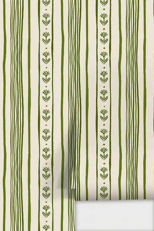 Wallpaper Daisy Chain Stripe beige and green with vertical leaf motifs Samantha Santana Creative on Tampa Home & Garden Store