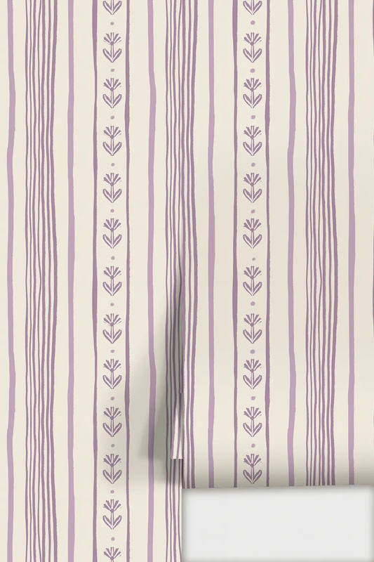 Daisy Chain Stripe Wallpaper beige and lavender by Samantha Santana Creative on Tampa Home & Garden Store