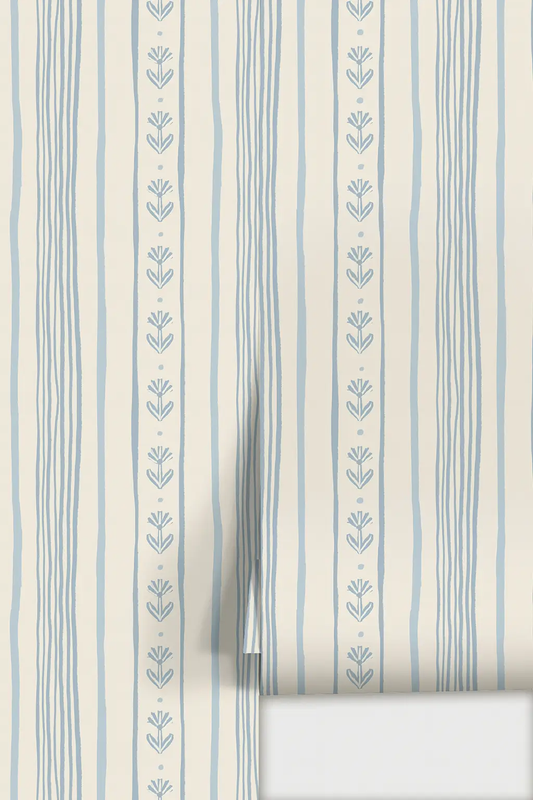 Daisy Chain Stripe Wallpaper beige and blue by Samantha Santana with vertical stripes on Tampa Home & Garden Store