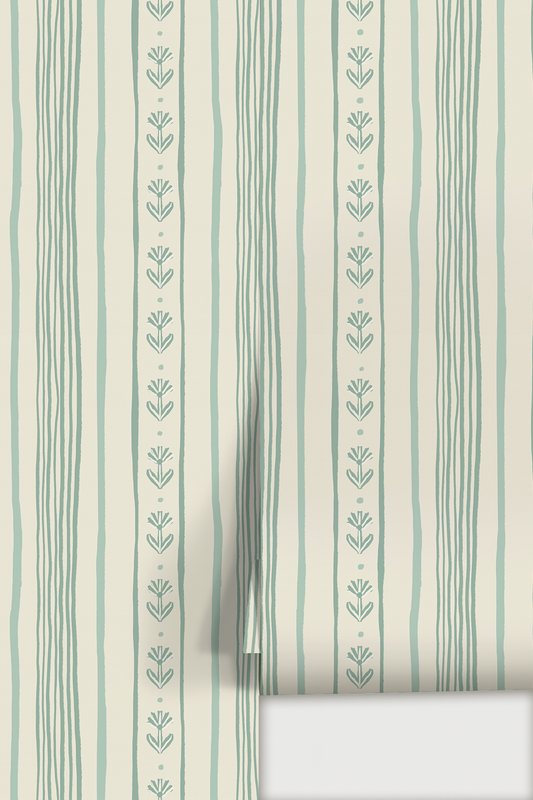 Daisy Chain Stripe Wallpaper, beige and mint - Tampa Home & Garden Store