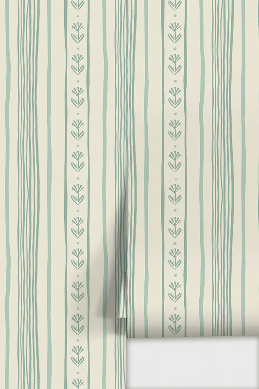 Wallpaper Daisy Chain Stripe beige mint with vertical stripes by Samantha Santana Creative on Tampa Home & Garden Store