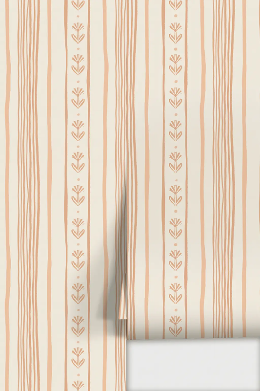 Beige and peach daisy chain stripe wallpaper with vertical stripes by Samantha Santana Creative on Tampa Home & Garden Store