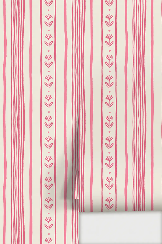 Daisy Chain Stripe Wallpaper beige pink vertical stripes daisy motif on Tampa Home & Garden Store