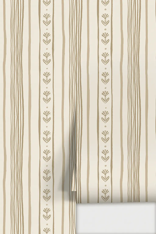 Daisy Chain Stripe Wallpaper beige and tan with vertical floral stripe motif on Tampa Home & Garden Store