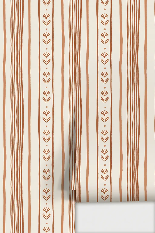 Wallpaper Daisy Chain Stripe in beige terra cotta, vertical stripe pattern on Tampa Home & Garden Store