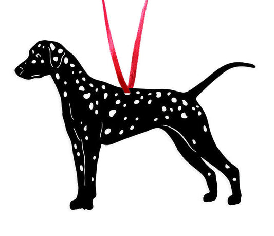 Dalmatian plant stake ornament by Rustica Ornamentals, black silhouette with white spots, red ribbon hanger on Tampa Home & Garden Store
