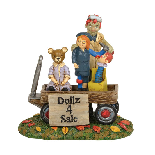 Dalton's Menagerie of Creepy Friends trio: creepy man, girl, bear on a wooden wagon on Tampa Home & Garden Store