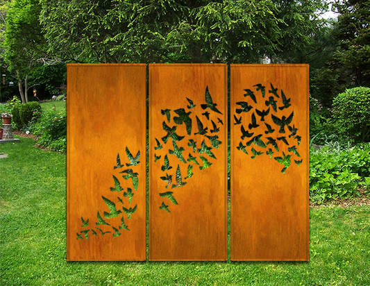 Outdoor triple-panel rust metal wall art with bird silhouettes Rustica Ornamentals on Tampa Home & Garden Store