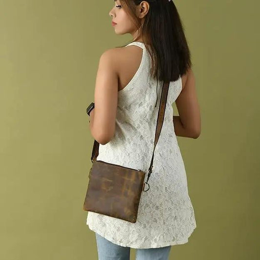 Darcy Crossbody Sling Bag buffalo leather with brown strap, compact square silhouette on Tampa Home & Garden Store
