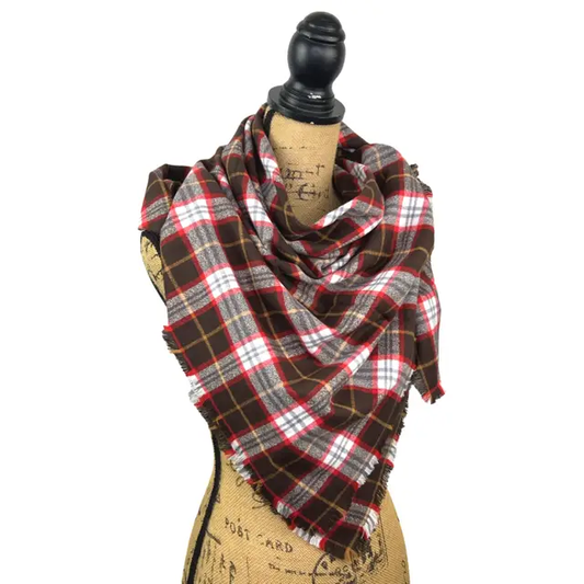 Dark Chocolate Red Plaid Infinity Scarf by Thistle & Stitch on mannequin with brown-red plaid on Tampa Home & Garden Store