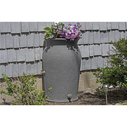 Dark Grey Granite 50-Gallon Plastic Urn Rain Barrel with Planter Top - Tampa Home & Garden Store