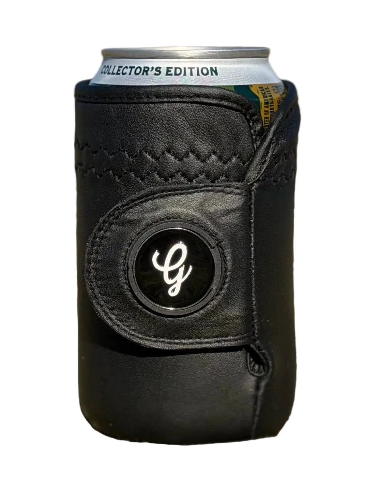 Gloozie leather beverage holder with strap in black on Tampa Home & Garden Store