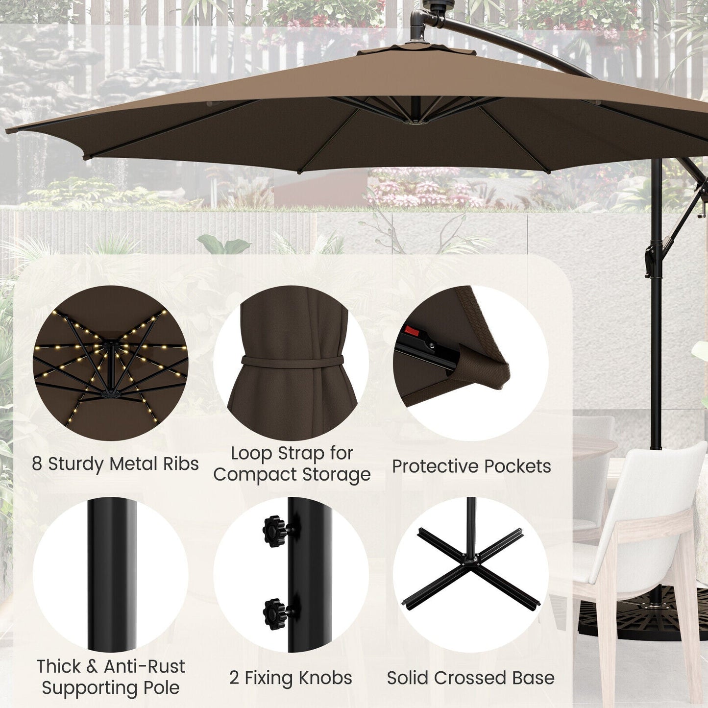 10 Feet Patio Offset Umbrella with 112 Solar-Powered LED Lights-Beige-Coffee