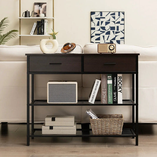 Entryway table with 2 drawers and 2-tier shelves in dark brown with black metal frame on Tampa Home & Garden Store