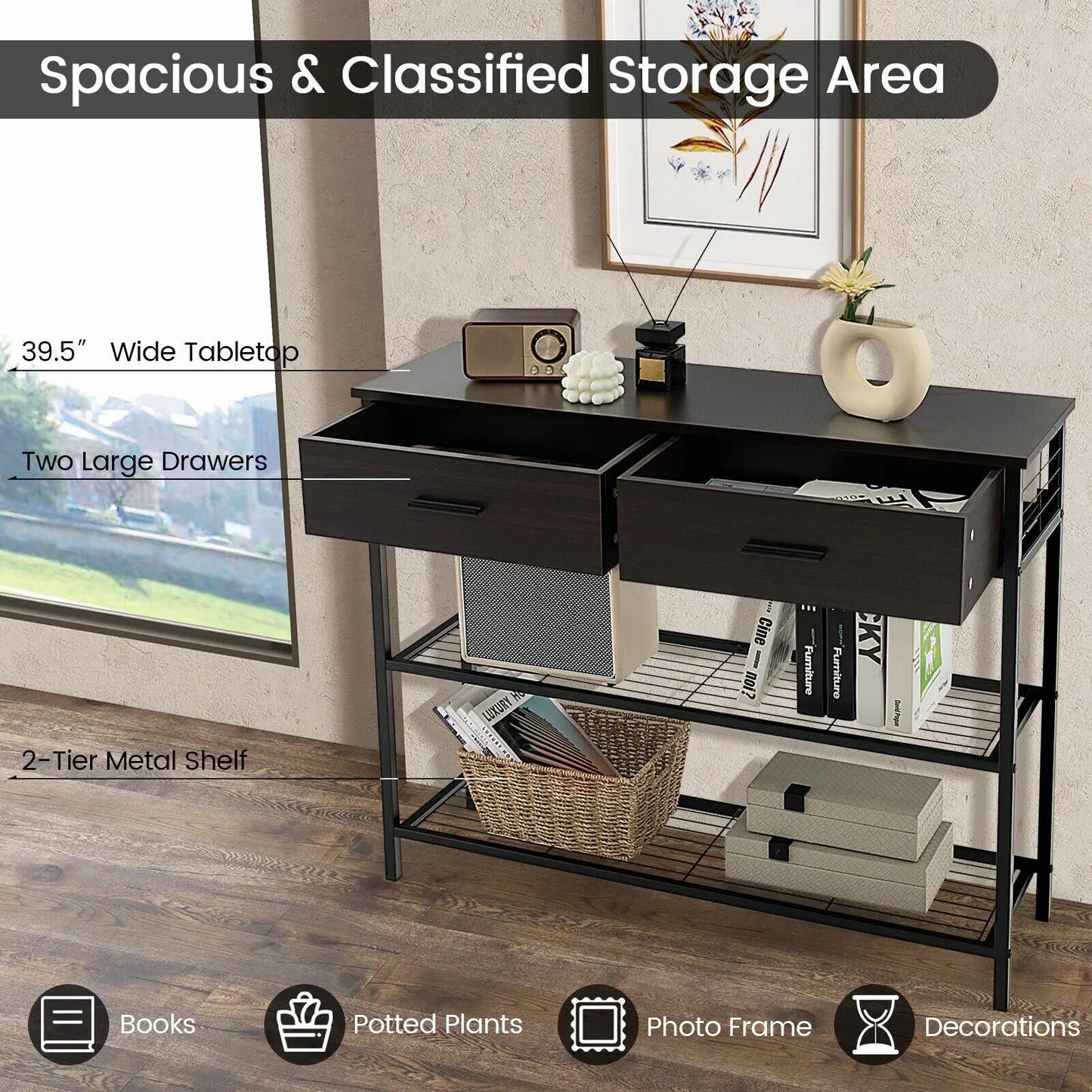 Black entryway console table with two large drawers and a 2-tier metal shelf on Tampa Home & Garden Store