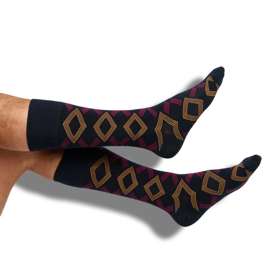 DeadSoxy F24 Dress Socks navy pair with orange and pink diamond pattern boardroom dress socks on Tampa Home & Garden Store